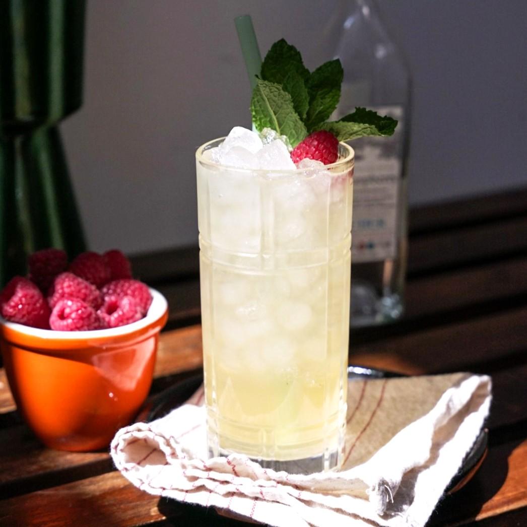 An example of the Himbeere Buck, the mixed drink (drink) featuring ginger beer, bourbon whiskey, Etter Raspberry, lime juice, raspberries, and sprig of mint; photo by Madison Young