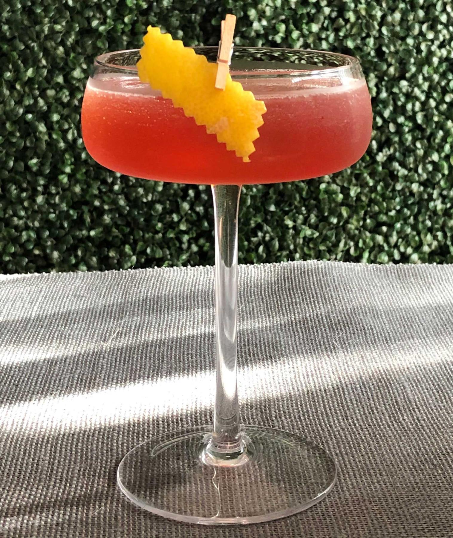 An example of the Spruce Goose, the mixed drink (drink), adapted from a drink by Alexander Mouzakitis, William Hallet, New York City, featuring Averell Damson Plum Gin Liqueur, Hayman’s London Dry Gin, maraschino liqueur, lemon juice, and grated lemon peel; photo by Lee Edwards