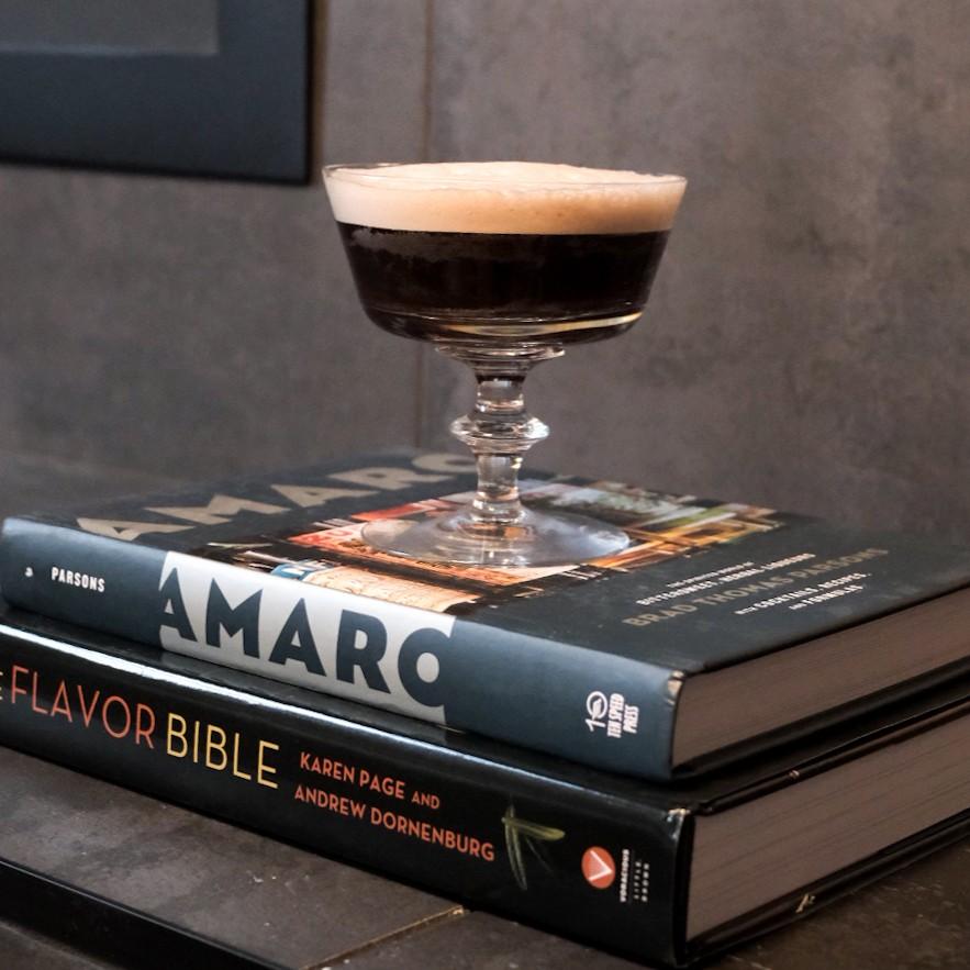 An example of the Aper-resso Martini, the mixed drink (drink), by Damon Roseberry, featuring espresso coffee, Byrrh Grand Quinquina, Bonal Gentiane-Quina, and raw sugar syrup