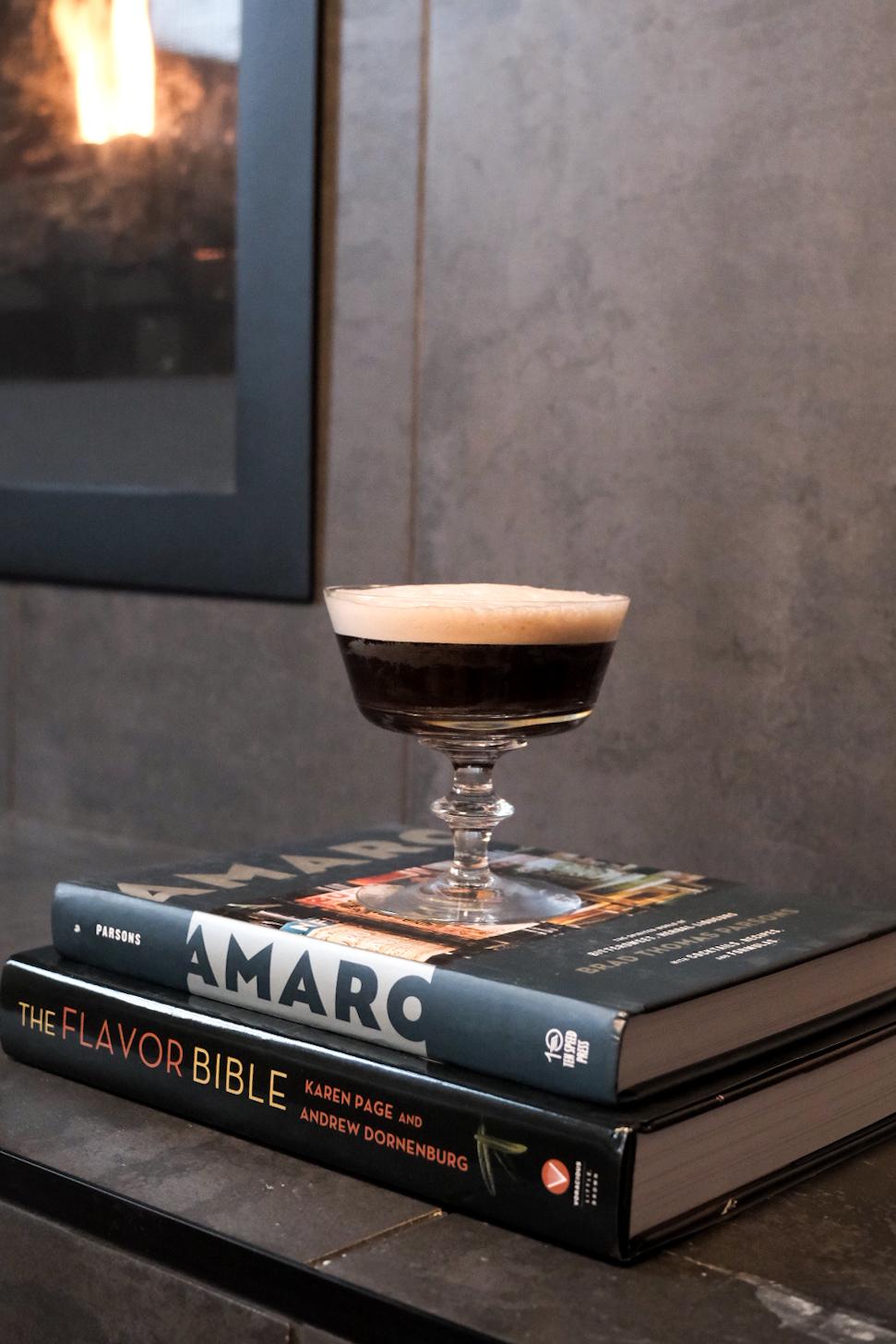 An example of the Aper-resso Martini, the mixed drink (drink), by Damon Roseberry, featuring espresso coffee, Byrrh Grand Quinquina, Bonal Gentiane-Quina, and raw sugar syrup