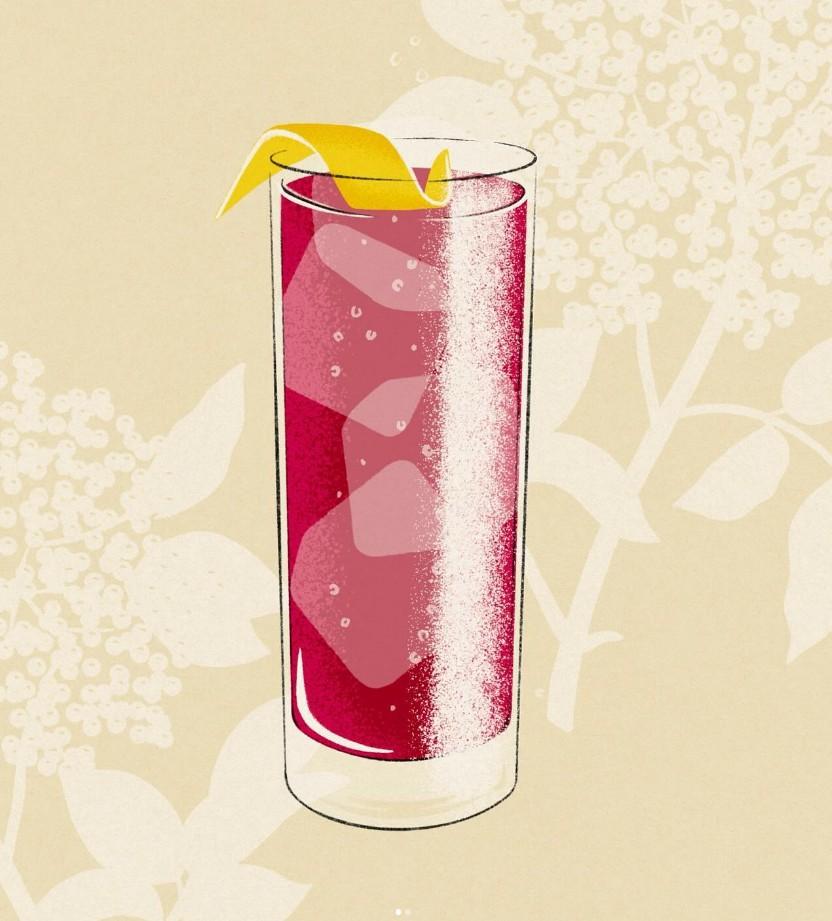 An example of the Elderberry Cup, the mixed drink (drink) featuring ginger ale, Hayman’s Old Tom Gin, Rothman & Winter Orchard Elderberry Liqueur, lemon juice, lime juice, rich simple syrup, and lemon twist