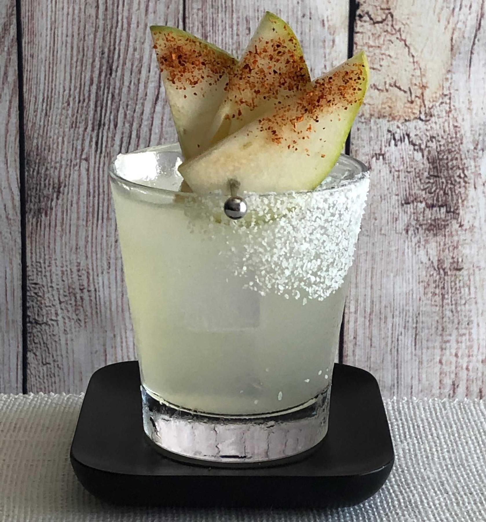 An example of the Ultimate Pear Margarita, the mixed drink (drink) featuring blanco tequila, Rothman & Winter Orchard Pear Liqueur, lime juice, and salt; photo by Lee Edwards