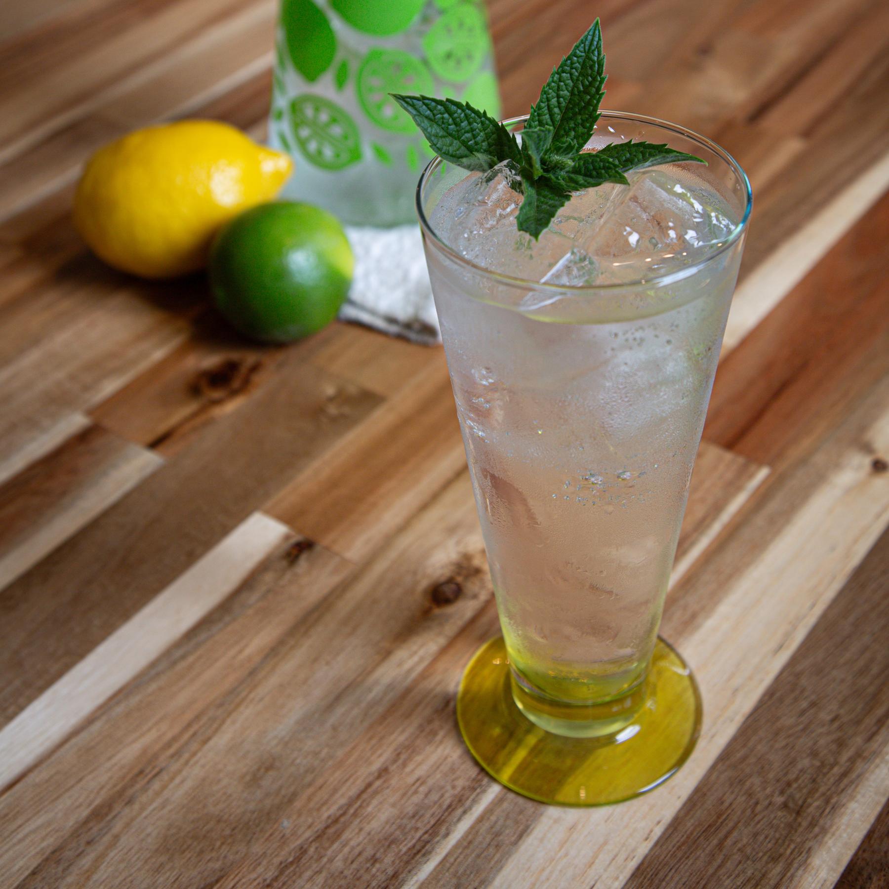 An example of the Vibrant Highball, the mixed drink (drink) featuring soda water and Hayman’s Vibrant Citrus Gin; photo by Megan Heinowski
