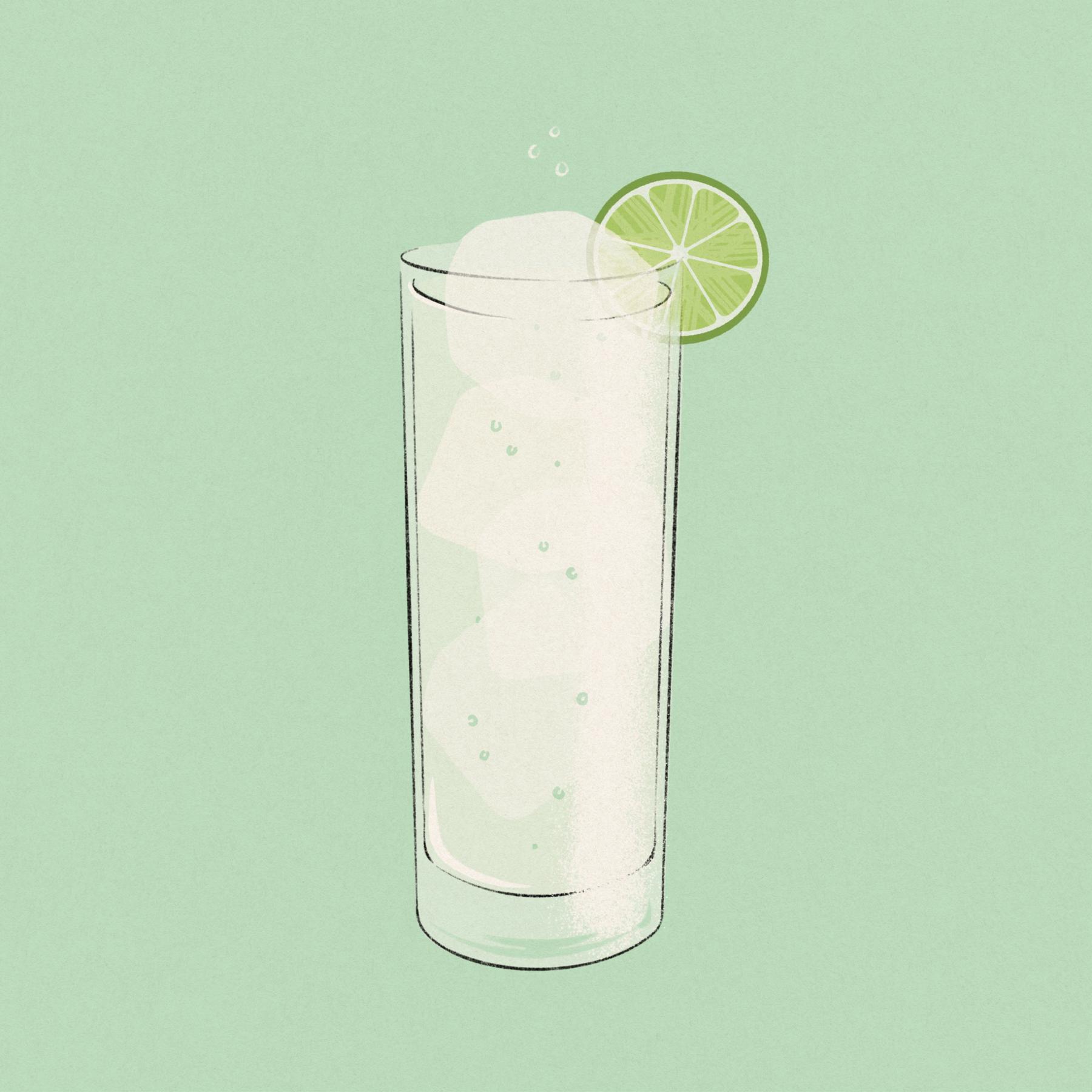 An example of the Improved Vodka Tonic, the mixed drink (drink) featuring tonic water, vodka, Dolin Blanc Vermouth de Chambéry, lime juice, and lime wheel; photo by Meghan Albers