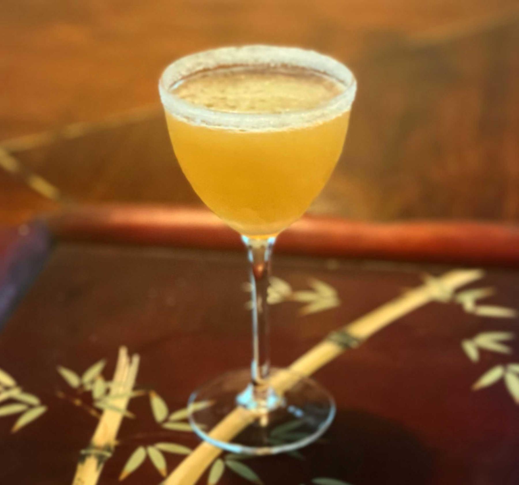 An example of the Almond Blossom Crusta, the mixed drink (drink), by Charles Baker, 1951, featuring cognac, Hayman’s London Dry Gin, lime juice, orgeat, and sugar; photo by Thierry Morpurgo