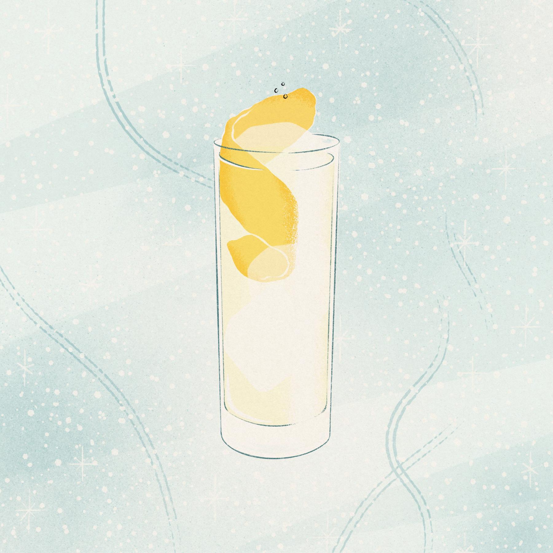 An example of the Après Ski, the mixed drink (drink) featuring Dolin Génépy le Chamois Liqueur, tonic water, and lemon twist; photo by Meghan Albers
