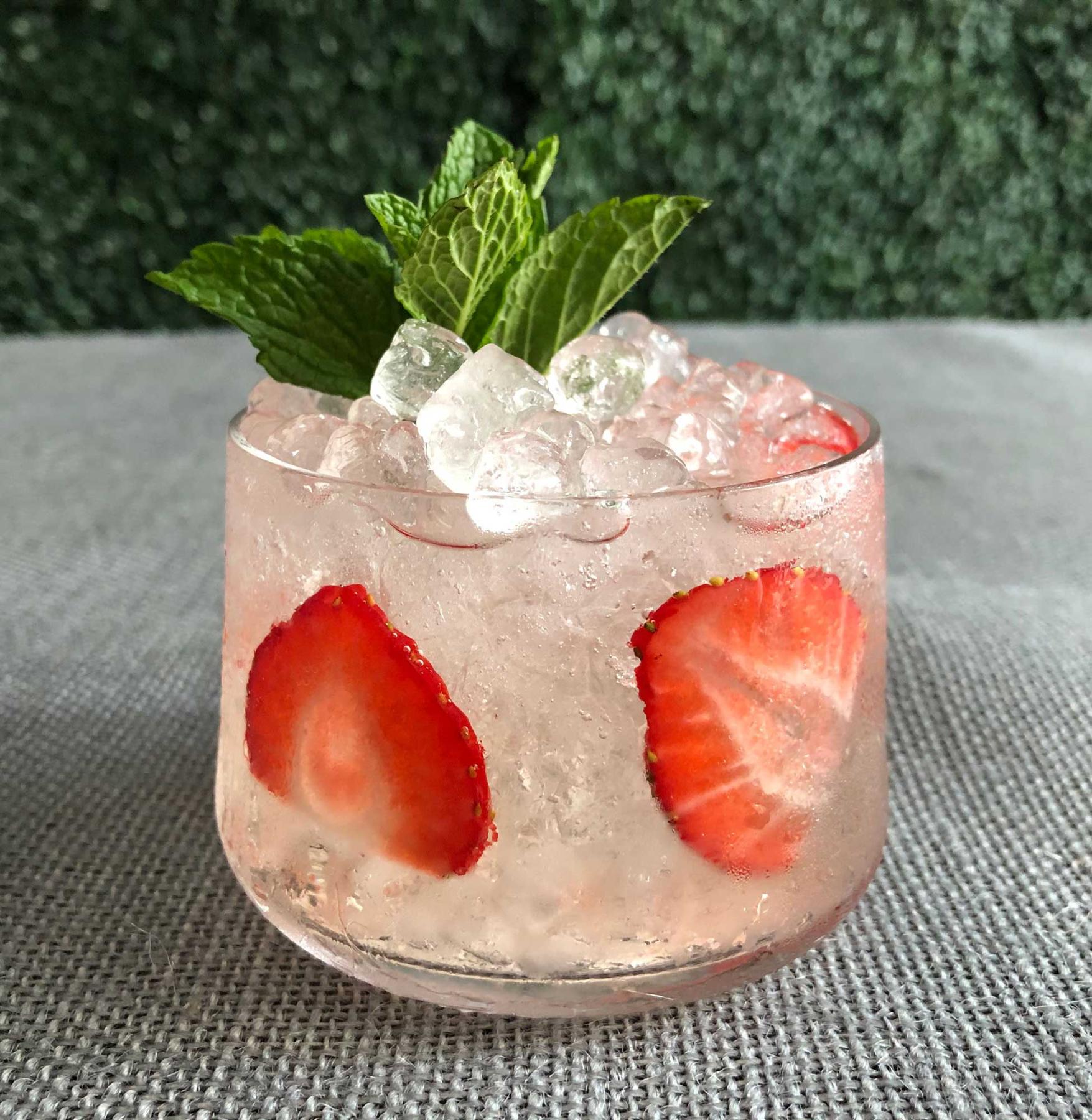 An example of the Savoie Spritz, the mixed drink (drink) featuring Comoz Blanc Vermouth de Chambèry, soda water, strawberry, lemon twist, and sprig of mint; photo by Lee Edwards