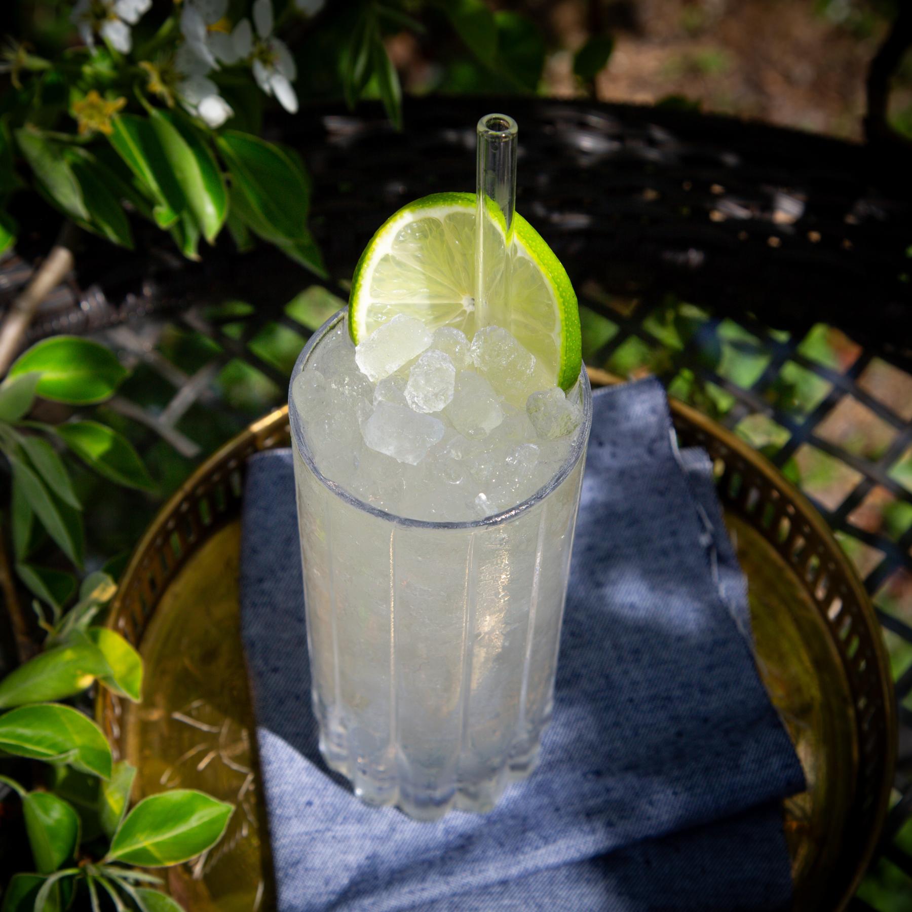 An example of the Pear Rickey, the mixed drink (drink) featuring soda water, Purkhart Pear Williams Eau-de-Vie, lime juice, simple syrup, and lime wheel; photo by Megan Heinowski