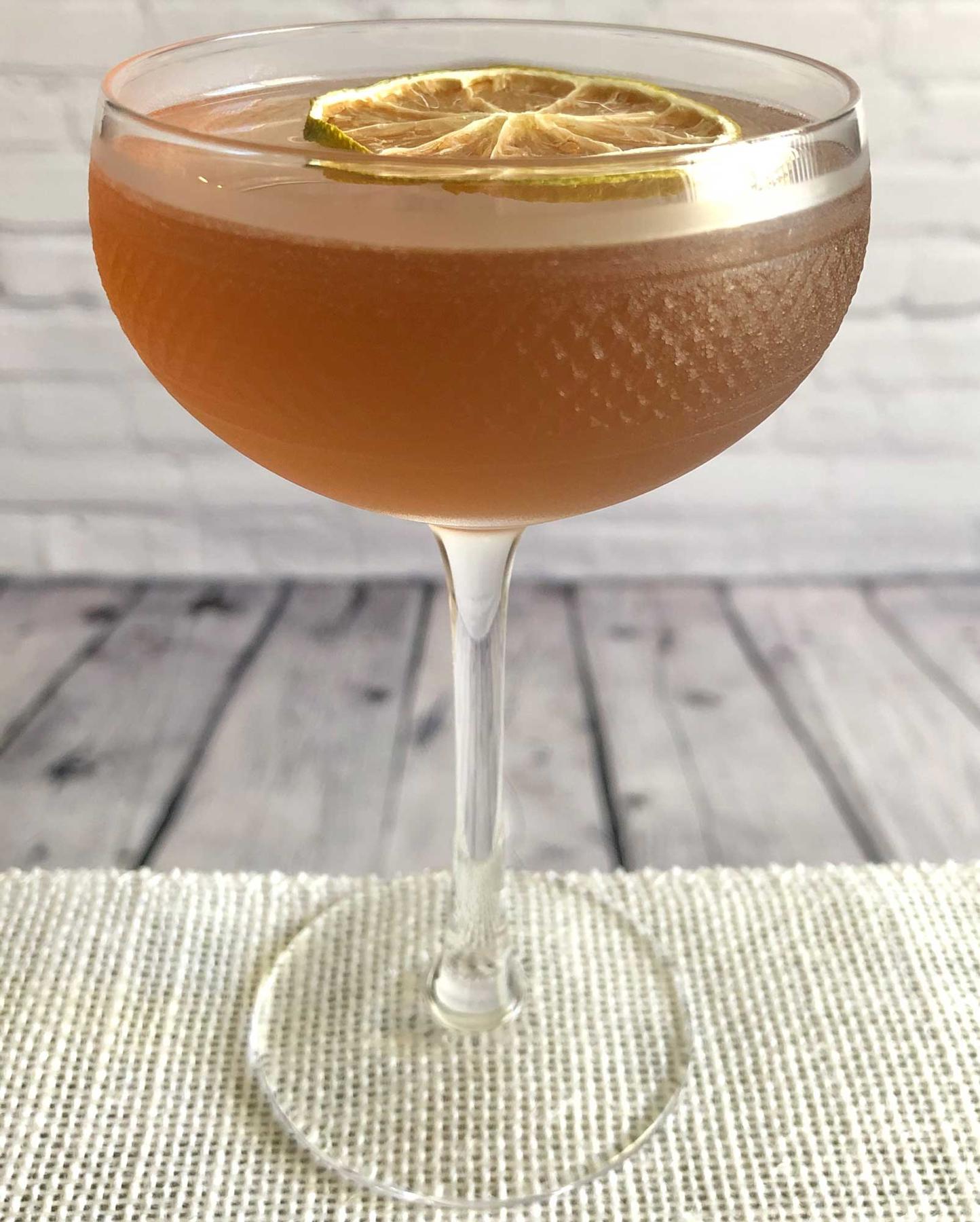 An example of the Daytime Daiquiri, the mixed drink (drink), by Jen Davis, The Eddy, Providence, Rhode Island, featuring Dolin Rouge Vermouth de Chambéry, lime juice, simple syrup, and light rum; photo by Lee Edwards