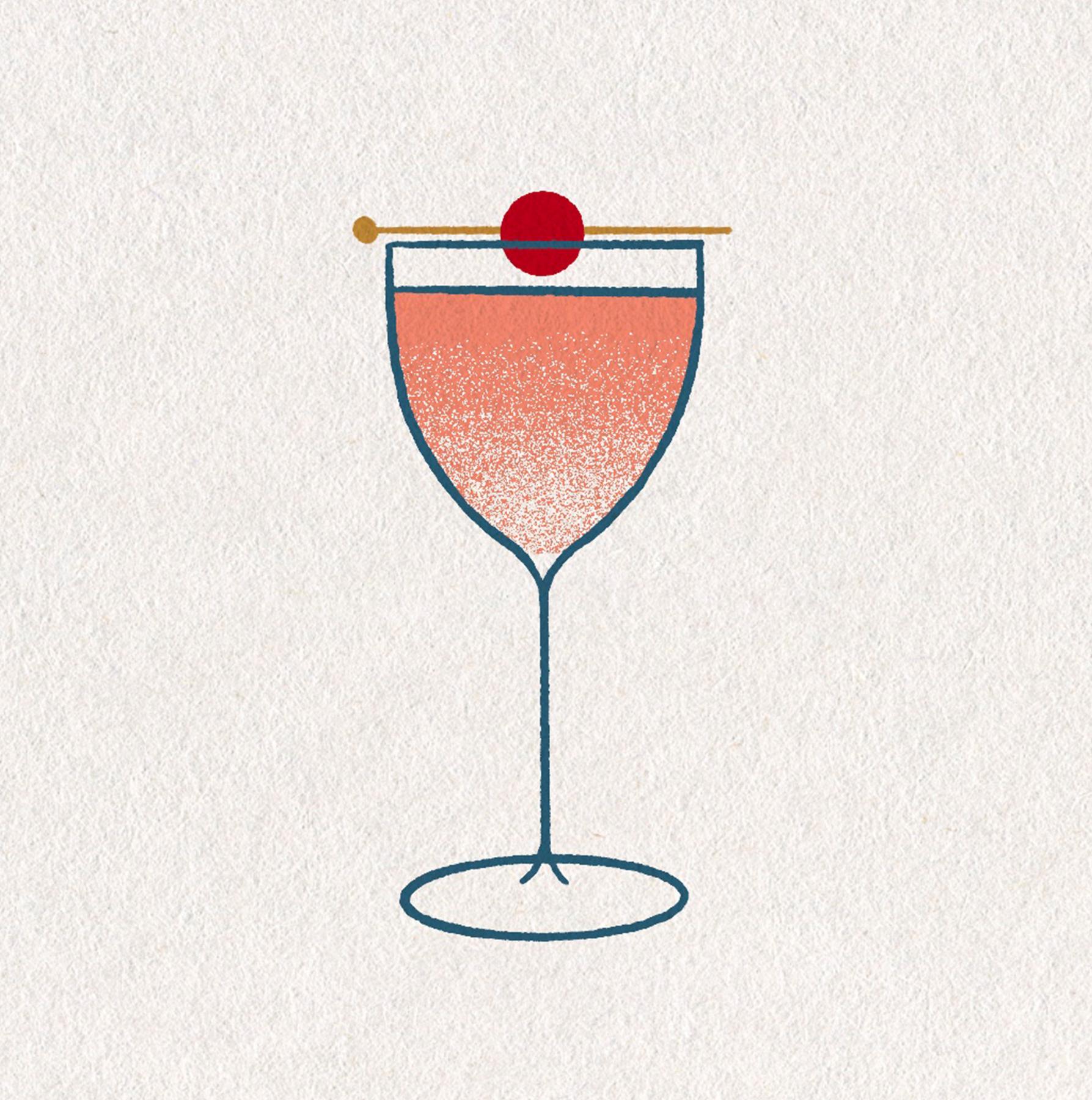An example of the Rose Cocktail, the mixed drink (drink), by Johnny Mitta, Chatham Hotel, Paris, featuring Dolin Dry Vermouth de Chambéry, Etter Kirsch, raspberry syrup, and maraschino cherry; photo by Meghan Albers
