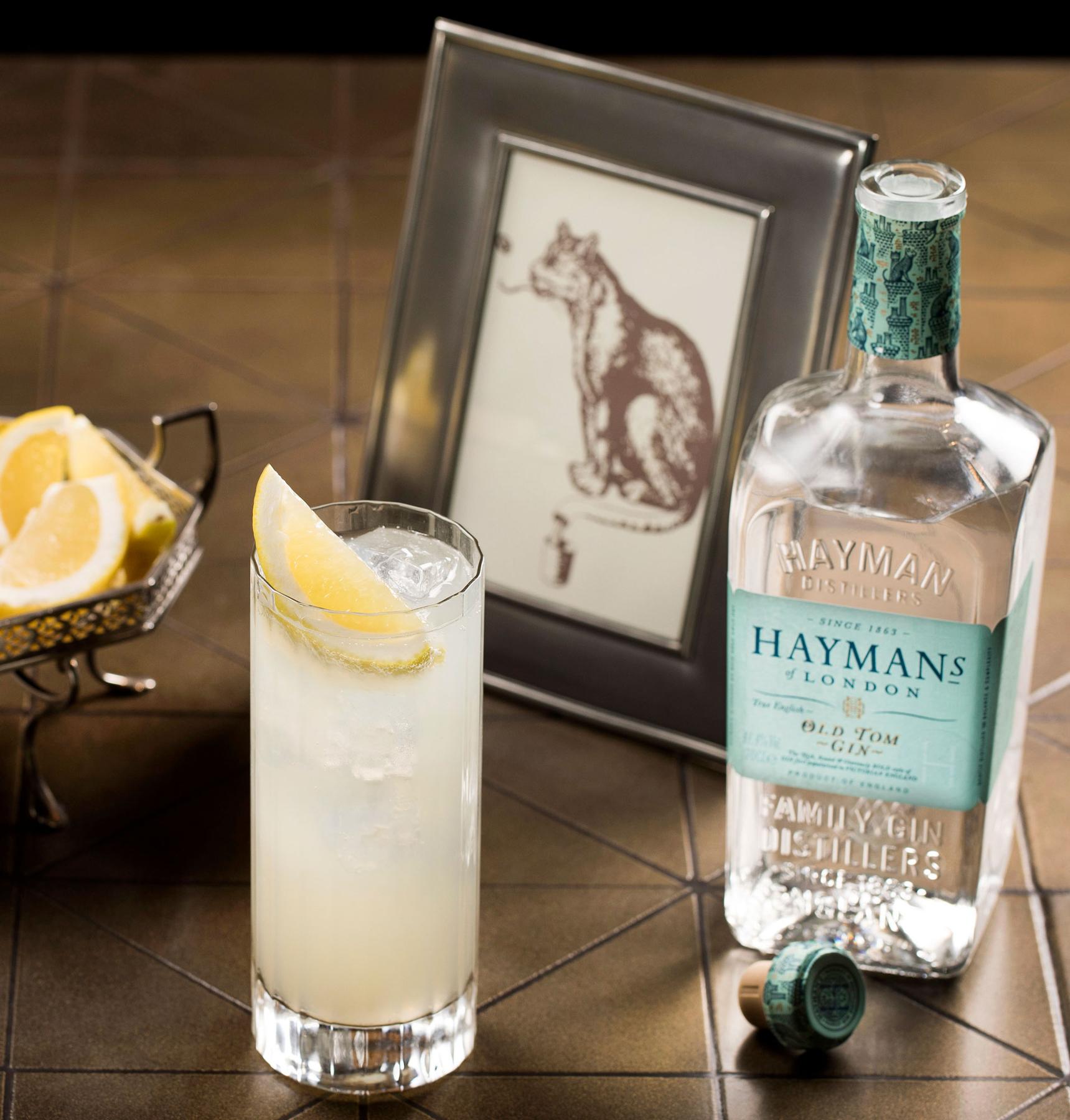 An example of the Tom Collins, the mixed drink (drink) featuring soda water, Hayman’s Old Tom Gin, lemon juice, simple syrup, and lemon wheel; photo by Hayman’s of London