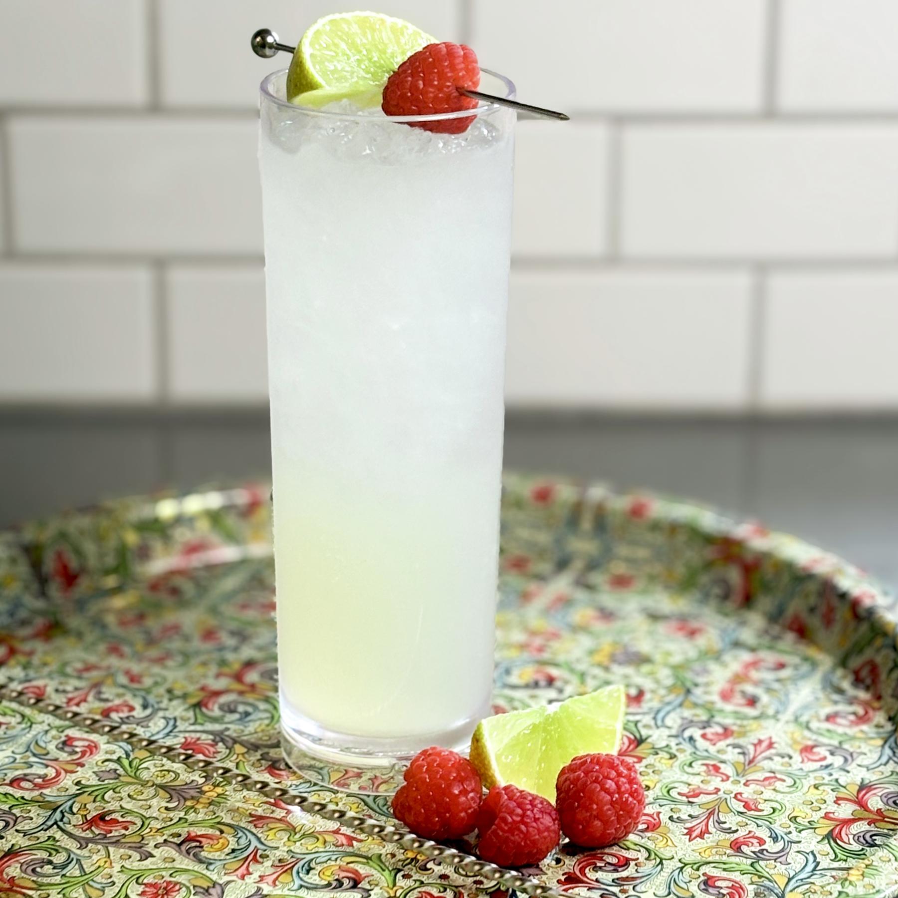 An example of the Raspberry Mule, the mixed drink (drink) featuring ginger beer, vodka, lime juice, Etter Raspberry, and lime wedge; photo by Madison Young