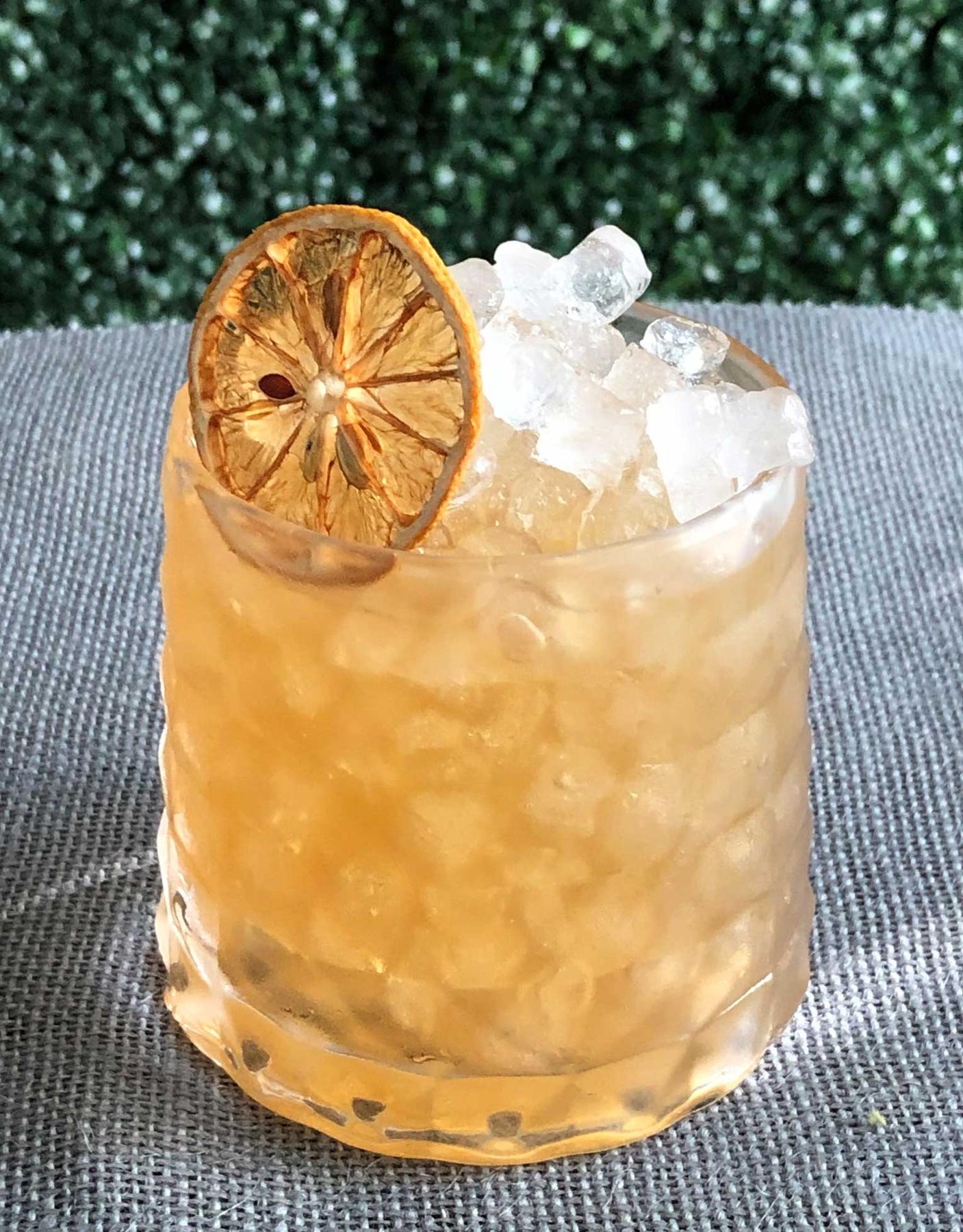An example of the Crampon Sour, the mixed drink (drink) featuring Amaro Alta Verde, Bonal Gentiane-Quina, simple syrup, and lemon juice; photo by Lee Edwards