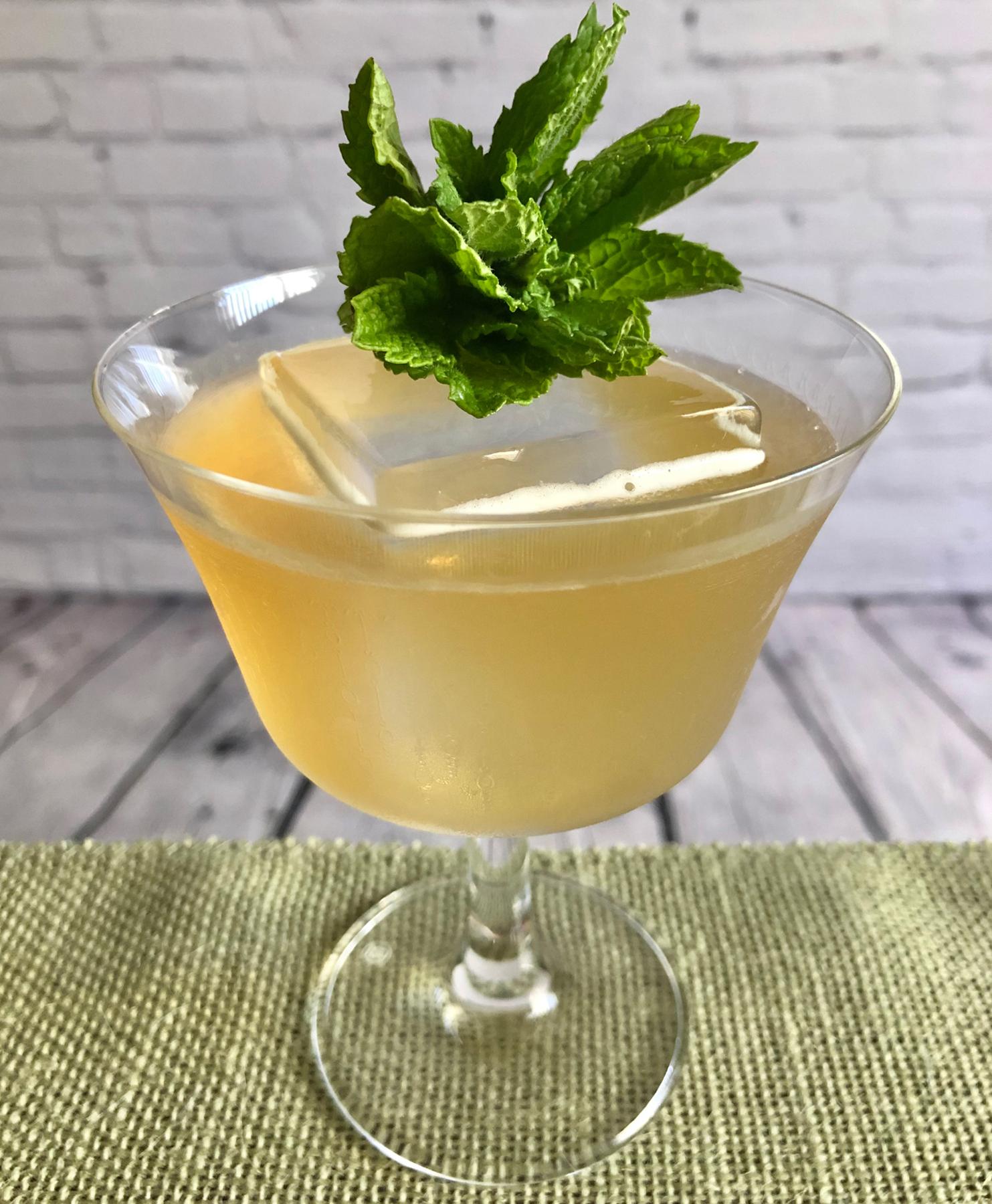 An example of the The Derby Cocktail, the mixed drink (drink) featuring bourbon whiskey, Dolin Rouge Vermouth de Chambéry, Pierre Ferrand Dry Curaçao, lime juice, and sprig of mint; photo by Lee Edwards