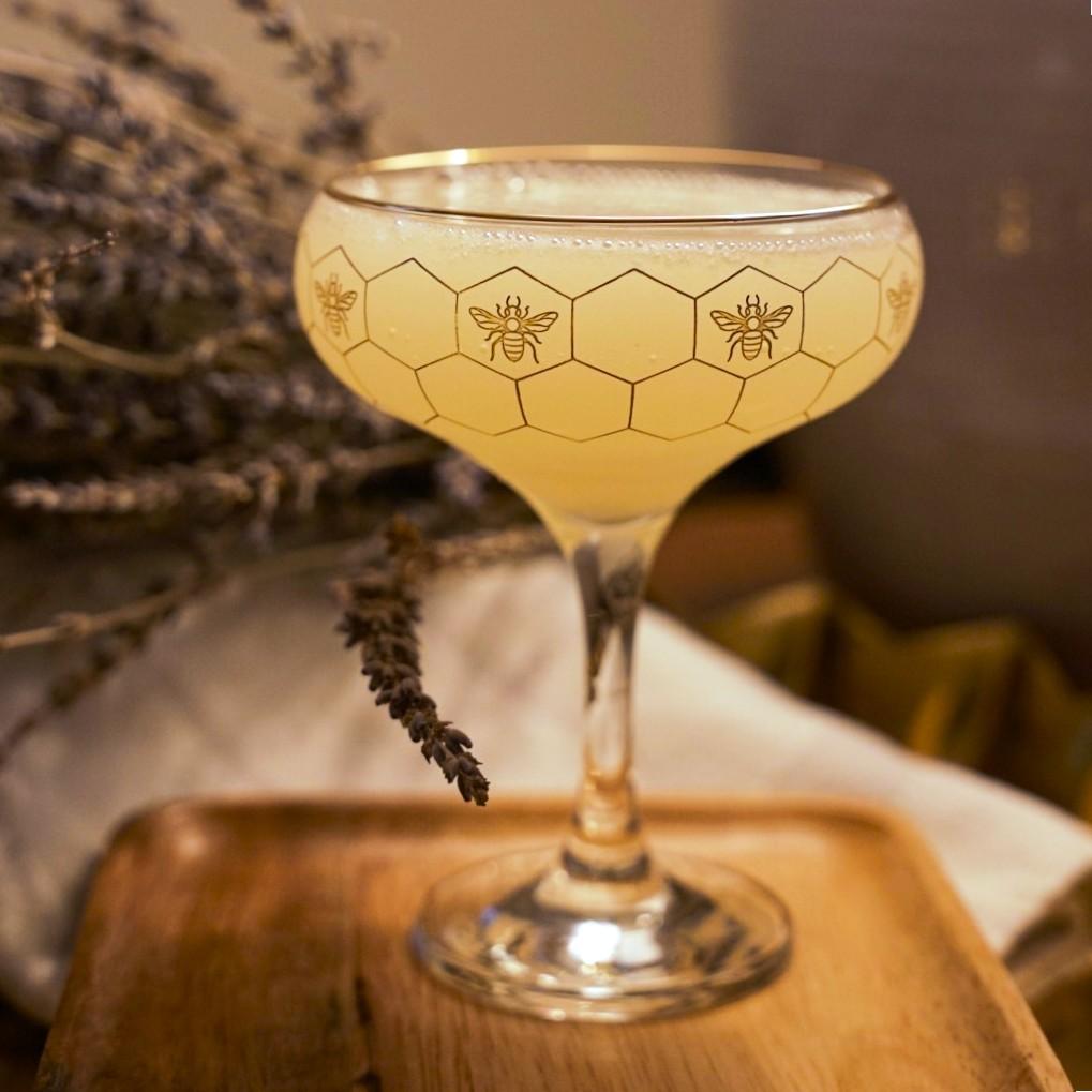 An example of the Bees in Bloom, the mixed drink (drink) featuring Hayman’s Vibrant Citrus Gin, lemon juice, Sevez Honey Lavender, honey syrup, and lavender; photo by Madison Young