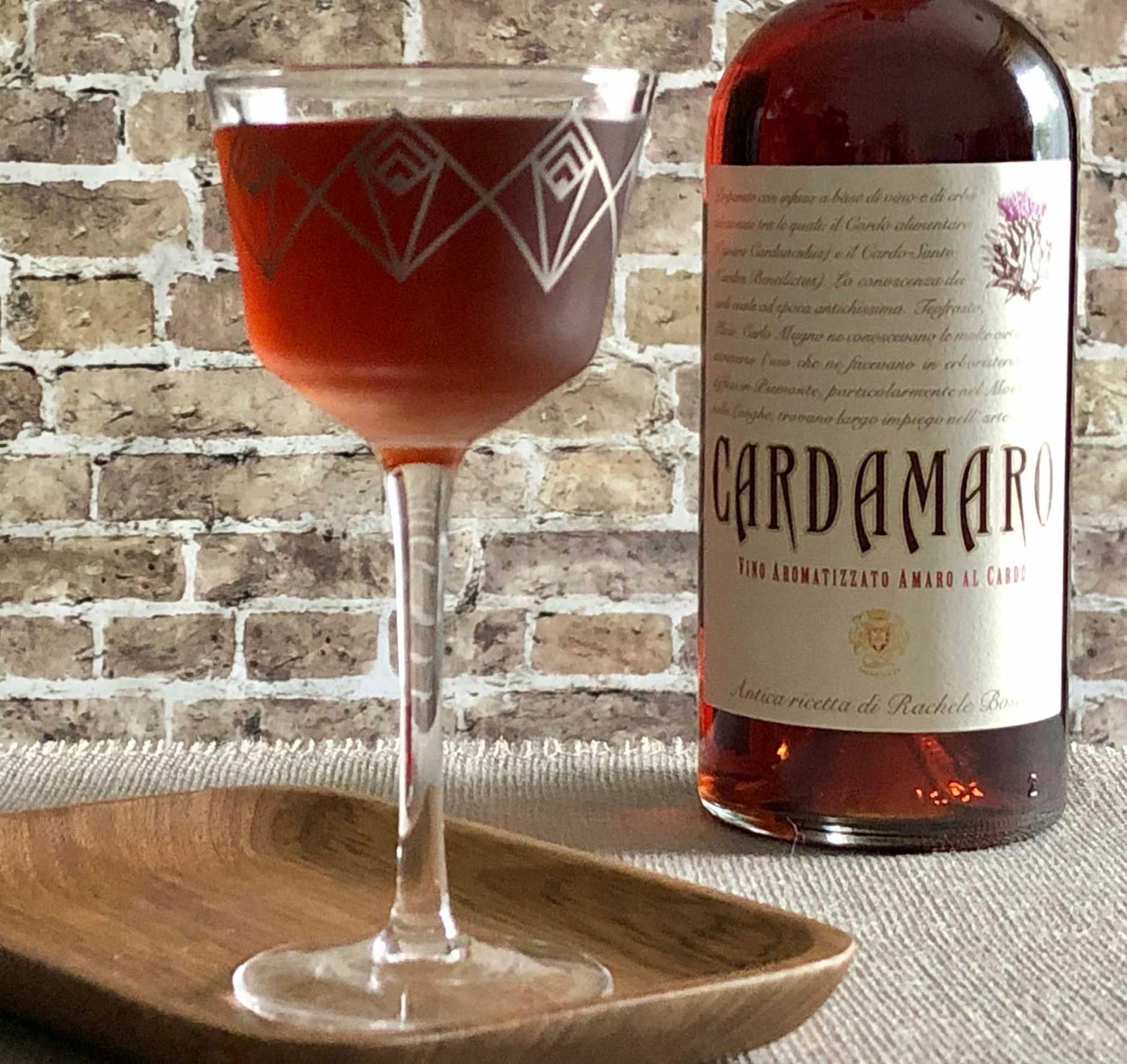 An example of the Careful Whisper, the mixed drink (drink), variation on the Whisper, Savoy Cocktail Book, featuring Cardamaro Vino Amaro, Dolin Dry Vermouth de Chambéry, Cocchi Vermouth di Torino ‘Storico’, orange bitters, and Angostura bitters; photo by Lee Edwards