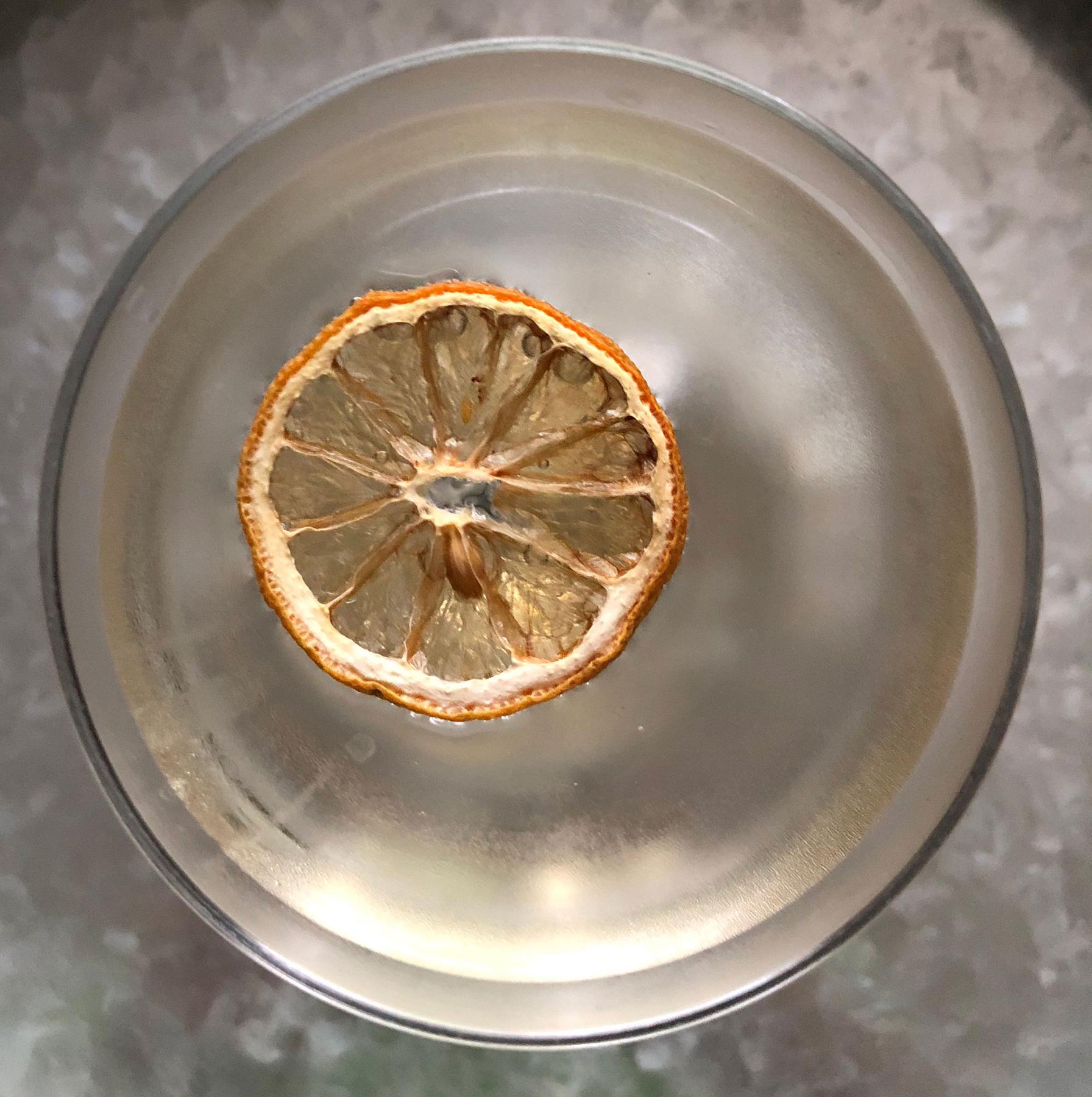 An example of the 24 de Enero, the mixed drink (drink) featuring blanco tequila, Dolin Blanc Vermouth de Chambéry, celery bitters, and lemon twist; photo by Lee Edwards