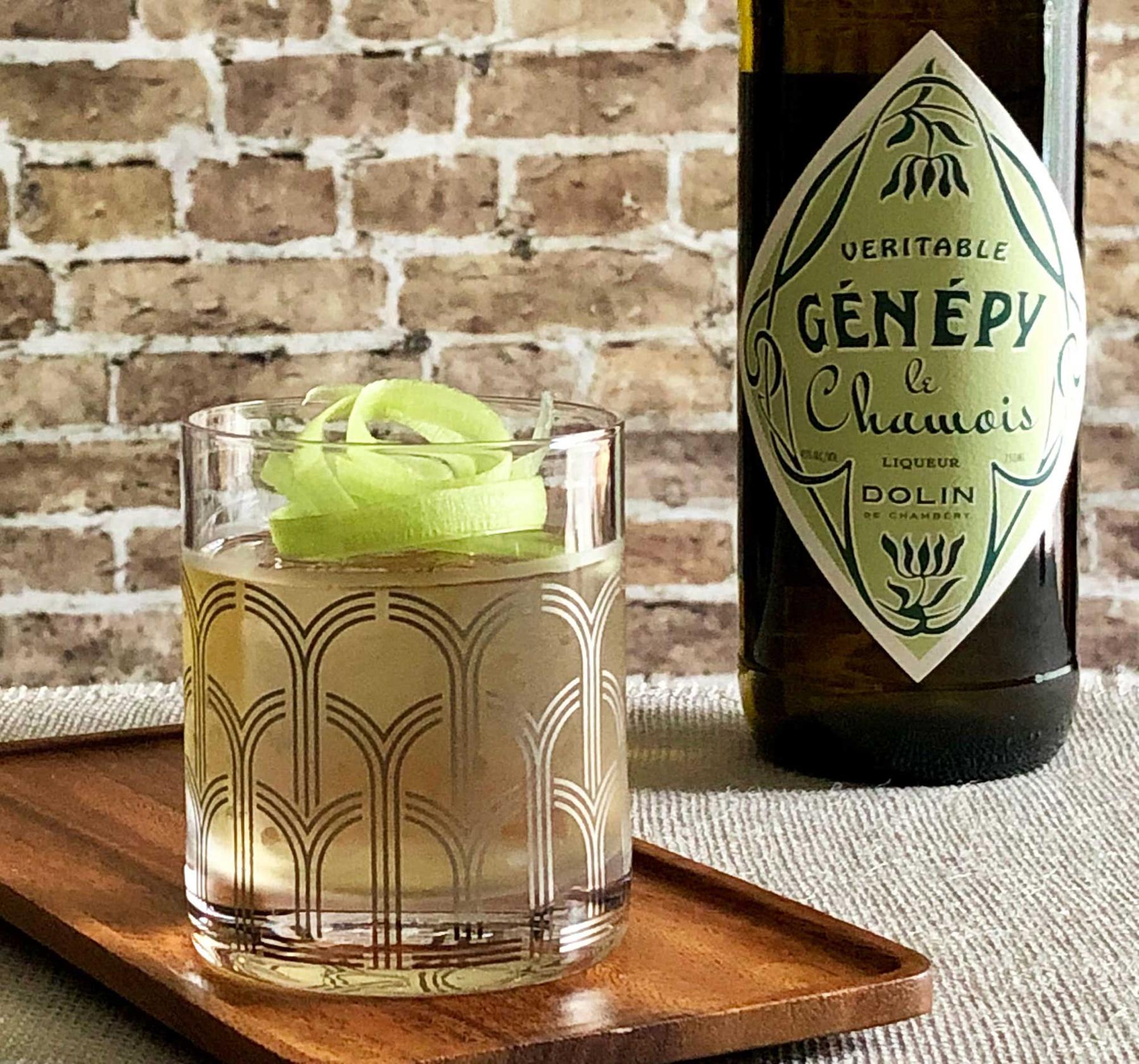 An example of the Gaelic Gardener, the mixed drink (drink), by Alex Gregg, Moving Sidewalk, Houston, featuring irish whiskey, Dolin Blanc Vermouth de Chambéry, Dolin Génépy le Chamois Liqueur, celery bitters, and celery stalk; photo by Lee Edwards