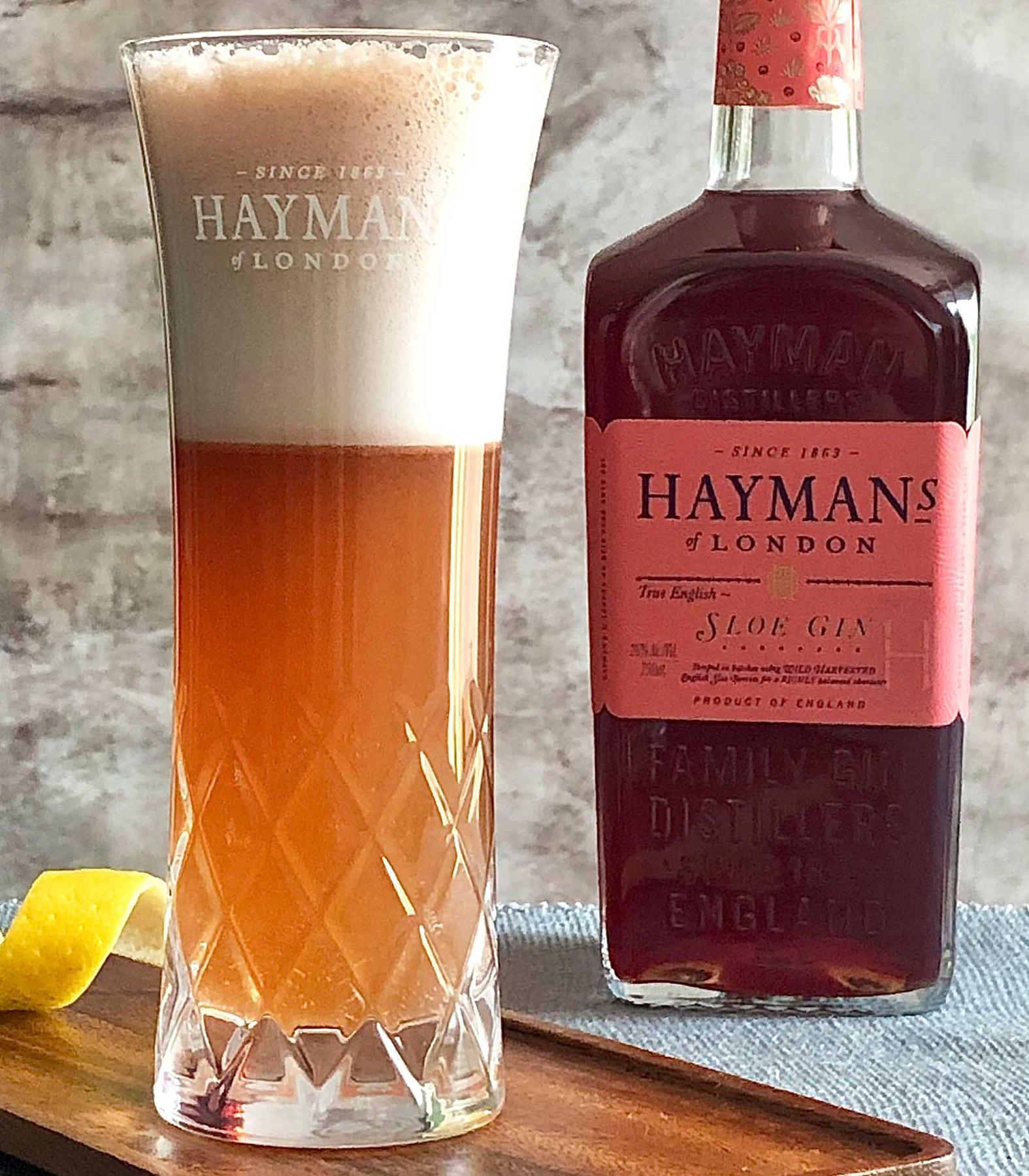 An example of the Sloe Gin Fizz, the mixed drink (drink) featuring soda water, egg white, Hayman’s Sloe Gin, Hayman’s London Dry Gin, lemon juice, simple syrup, and lemon twist; photo by Lee Edwards