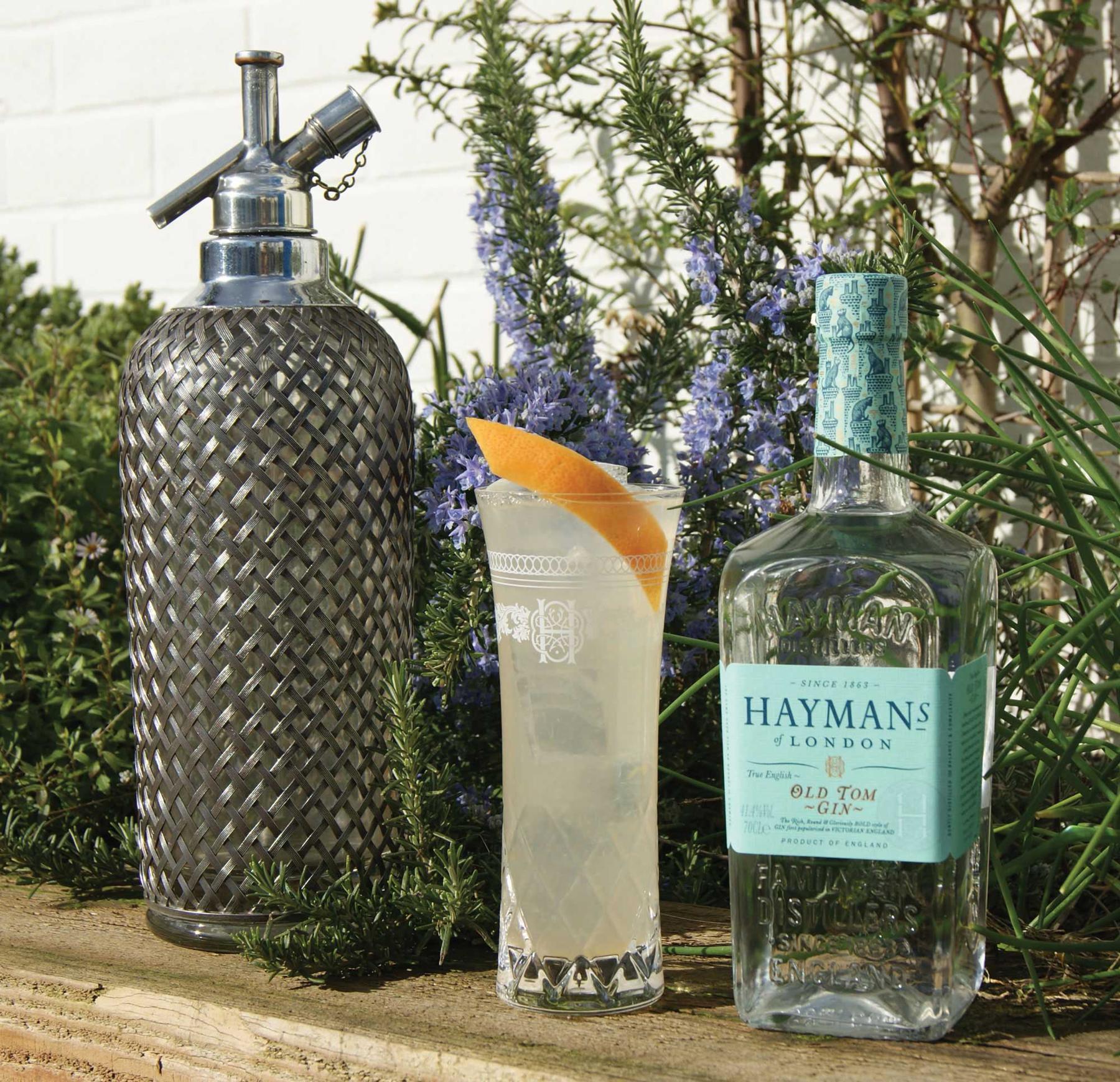 An example of the Grapefruit Spritz, the mixed drink (drink) featuring soda water, Hayman’s Old Tom Gin, grapefruit juice, soda water, and grapefruit twist; photo by Hayman’s of London