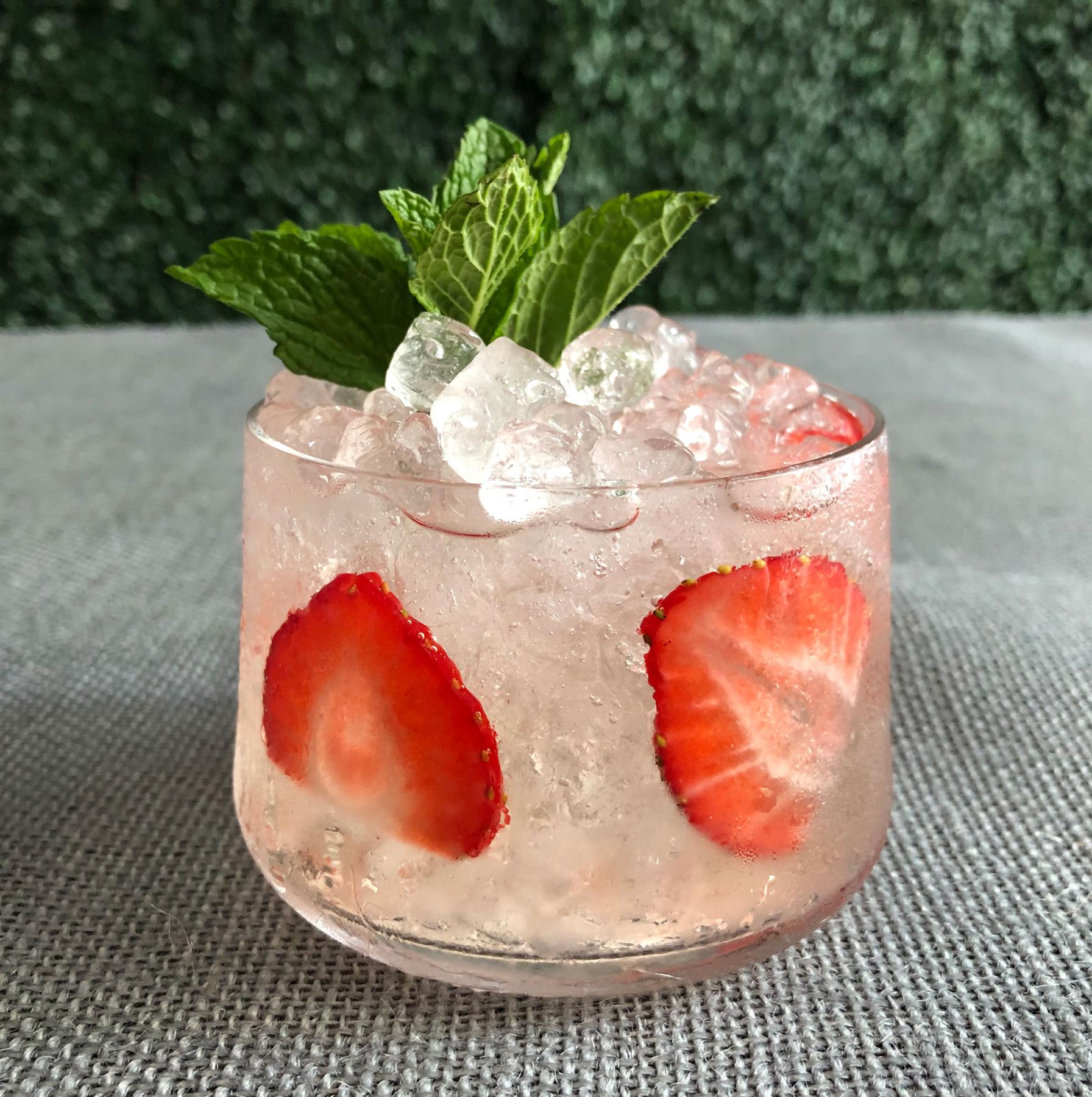 An example of the Chambéry Spritz, the mixed drink (drink) featuring Dolin Blanc Vermouth de Chambéry, soda water, strawberry, and lemon twist; photo by Lee Edwards