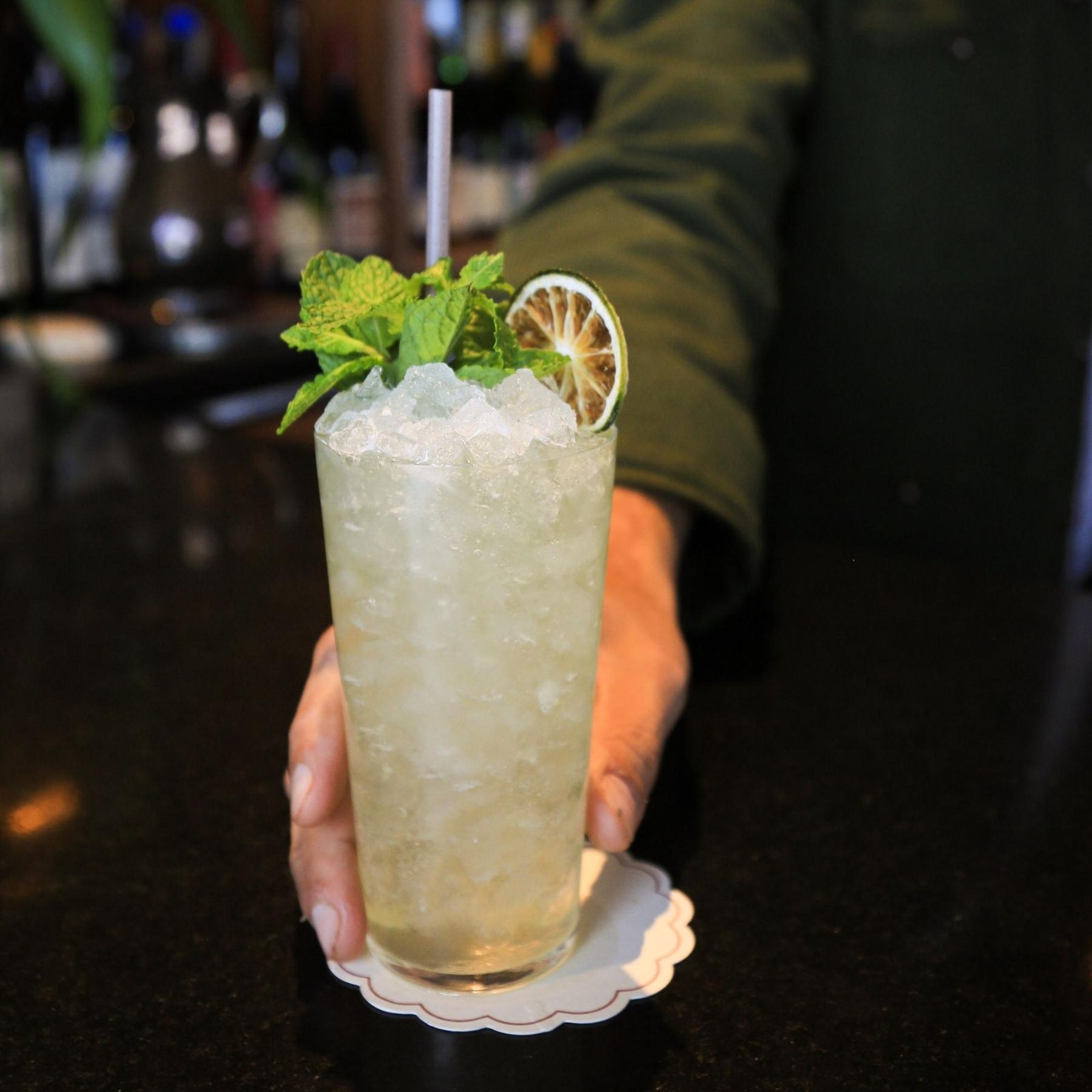 An example of the Mojito, the mixed drink (drink) featuring soda water, light rum, Menthe Verte Spearmint Liqueur, lime juice, and soda water; photo by Megan Heinowski