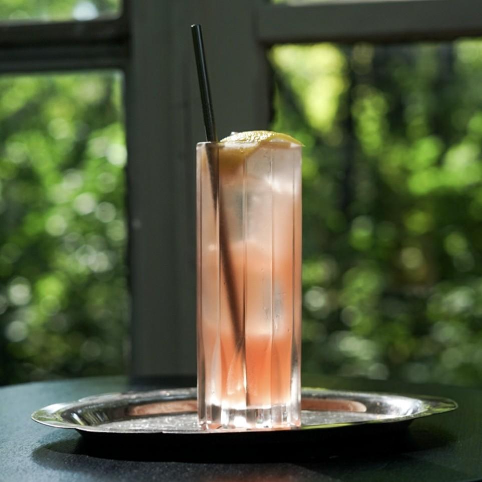 An example of the Freret Fizz, the mixed drink (drink) featuring soda water, bourbon whiskey, Cocchi Americano Rosa, lemon juice, and lemon twist; photo by Madison Young