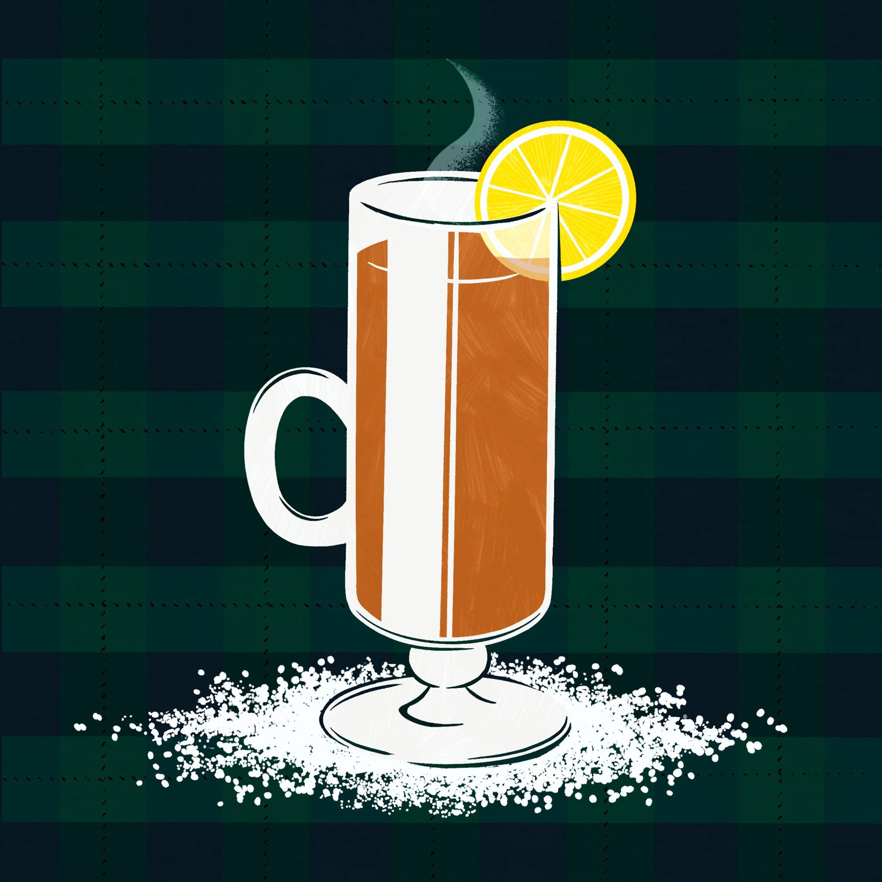 An example of the Floor-Length Kilt, the mixed drink (drink) featuring hot water, scotch whisky, Nux Alpina Walnut Liqueur, honey, lemon juice, and lemon wheel