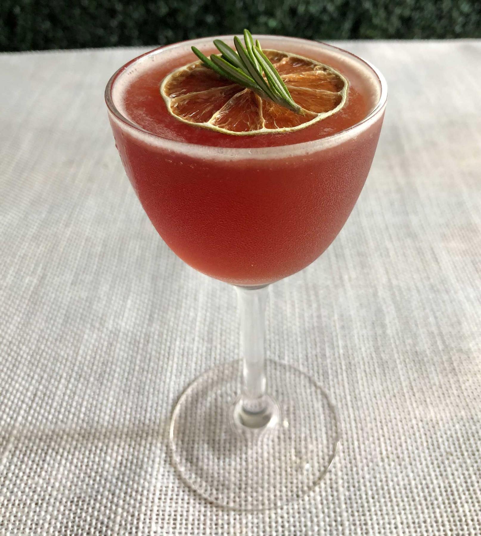 An example of the Alpine Hippie Juice, the mixed drink (drink), by Based on a drink by Snack Boys, Milwaukee, featuring Averell Damson Plum Gin Liqueur, cognac, Zirbenz Stone Pine Liqueur of the Alps, grapefruit juice, lime juice, and sprig of rosemary; photo by Lee Edwards