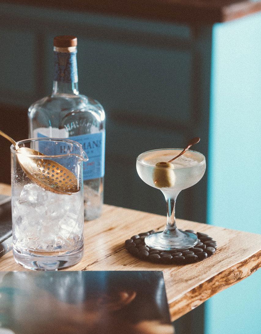 An example of the The 50/50 Martini, the mixed drink (drink) featuring Hayman’s London Dry Gin, Dolin Dry Vermouth de Chambéry, orange bitters, lemon twist, and olive; photo by S. Kallstrand