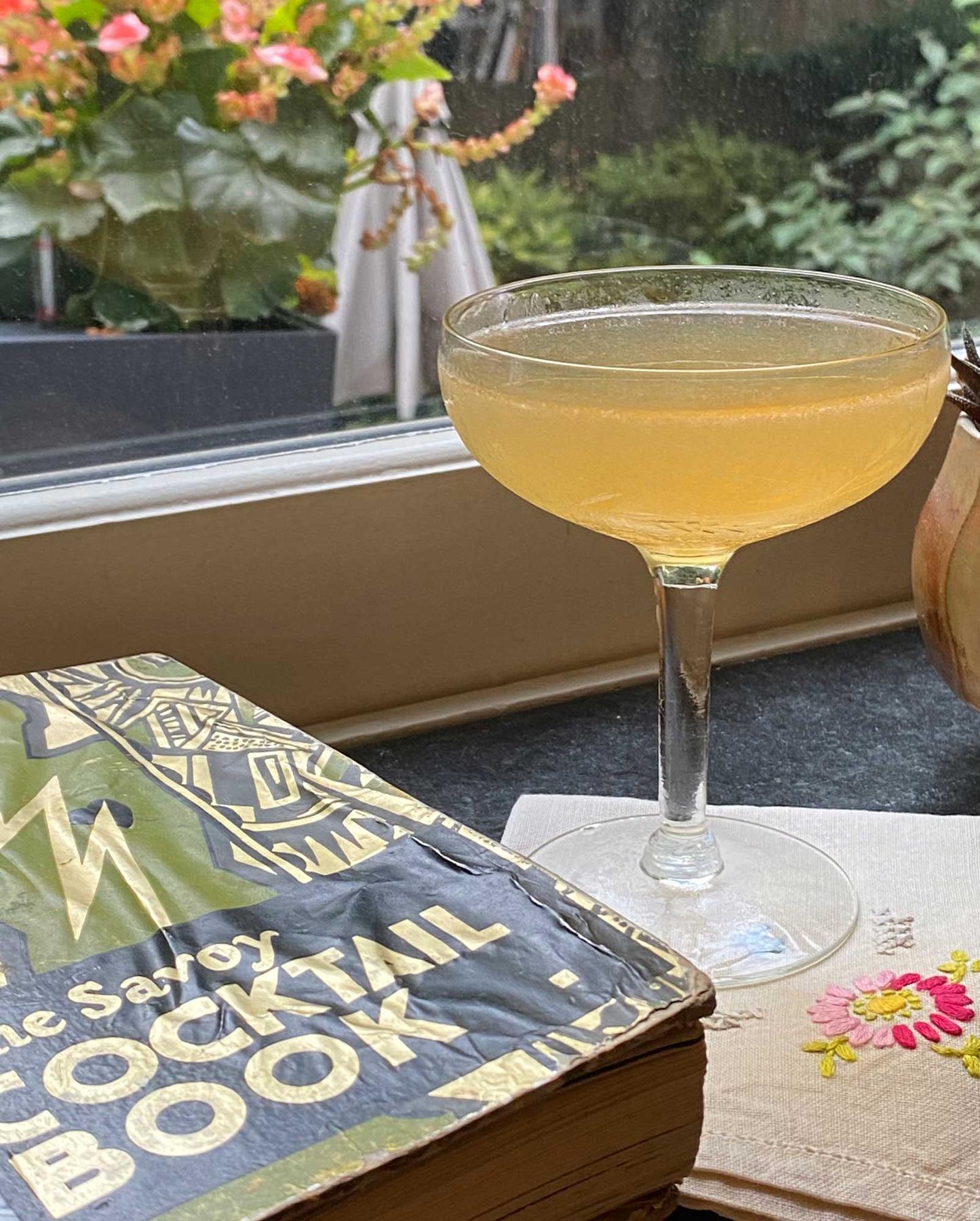 An example of the Improved Culross, the mixed drink (drink) featuring Rothman & Winter Orchard Apricot Liqueur, rhum agricole blanc, Cocchi Americano Bianco, and lemon juice; photo by Martin Doudoroff
